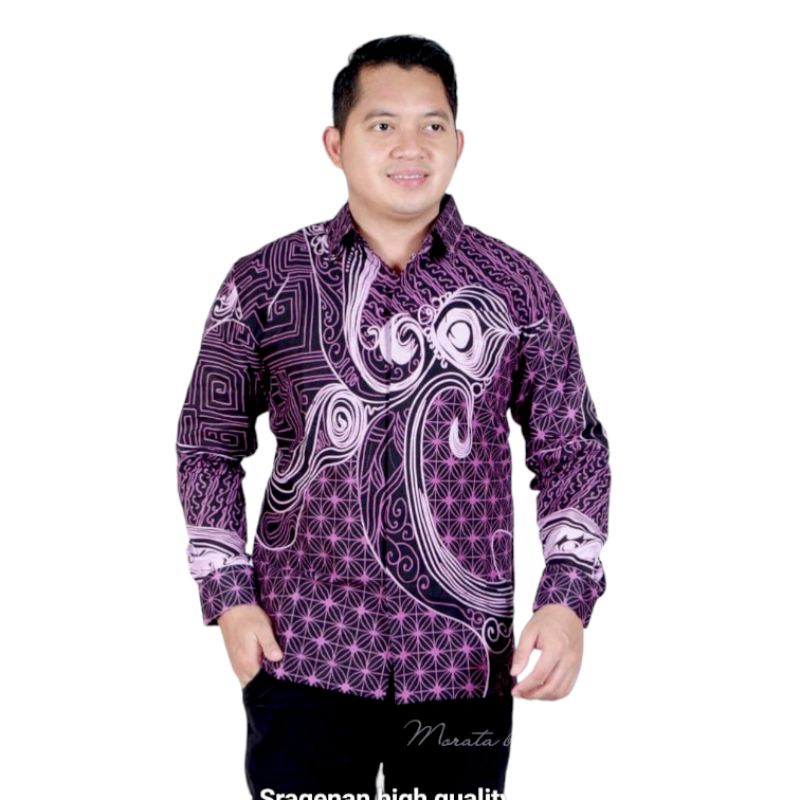 BATIK EKSEKUTIF Hem batik pria putih ungu Lengan panjang Furing