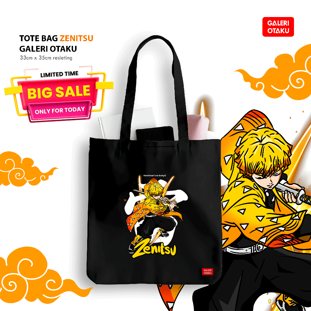 Zenitsu Demon Slayer Totebag Anime / Kimetsu No Yaiba Totebag Kanvas Hitam Premium - Galeri Otaku