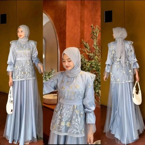 Felarie Set Dress + Vest Brukat Tile Gamis Lebaran 2024 Model Gamis Terbaru Baju Kondangan Wanita