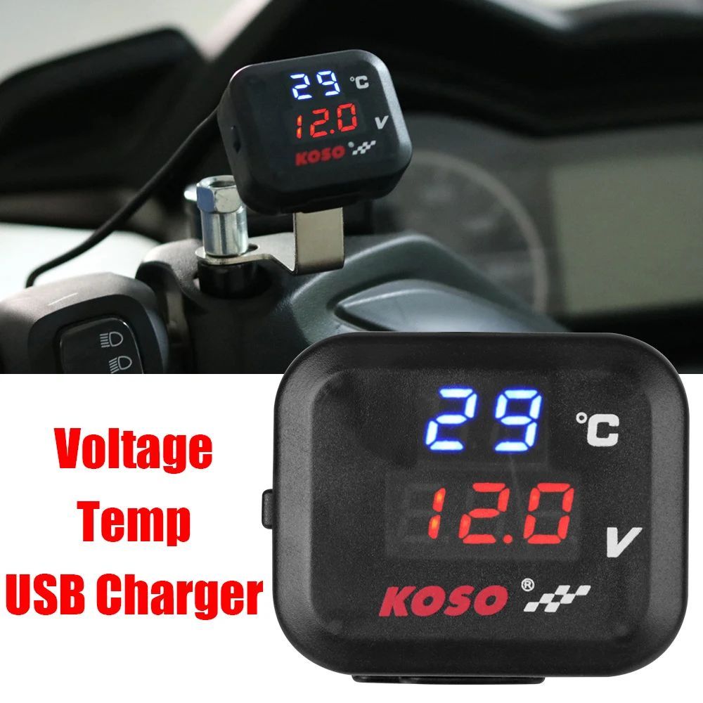 Mesin Digital Sepeda Motor KOSO (3 IN 1) Meteran Volt LED + Suhu Luar + Port USB Pengisar Waterproof