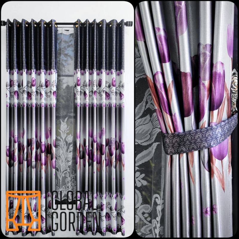 Gorden mewah ruang tamu import model terbaru motip bunga tulif warna abu