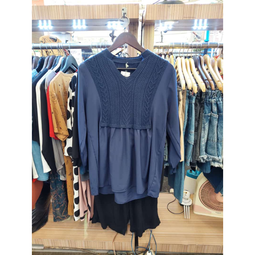 Blouse Rajut Mix Silk Import Sweater Navy Hitam