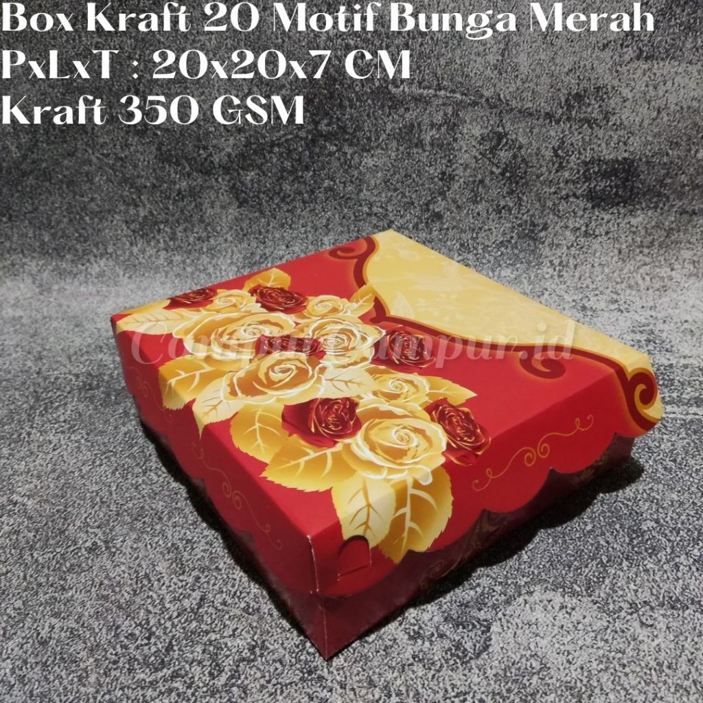 

Box Kraft Duplex Makanan Hampers Hajatan R10k 20x20x7 Motif Bunga Merah Emas Kotak Nasi Makanan