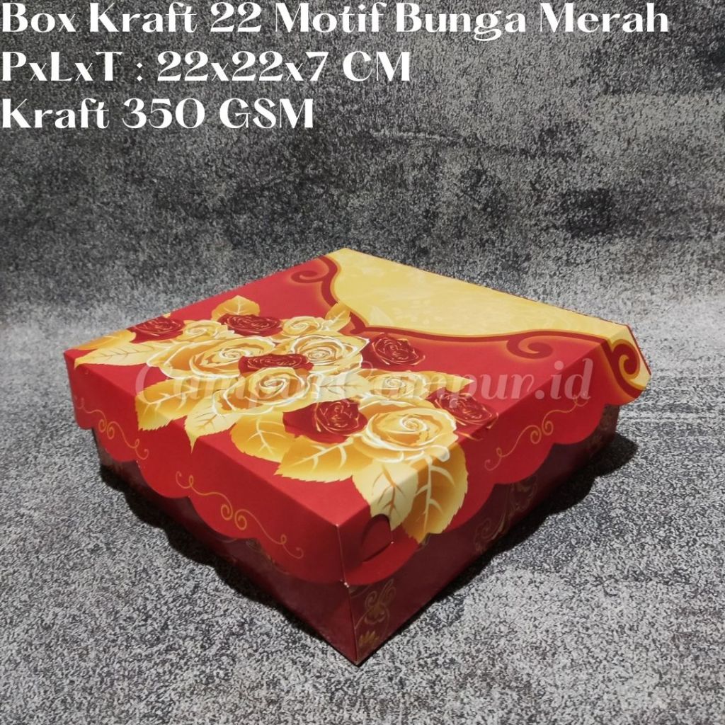 

Box Kraft Duplex Makanan Hampers Hajatan R10b 22x22x7 Motif Bunga Merah Emas Kotak Nasi Makanan