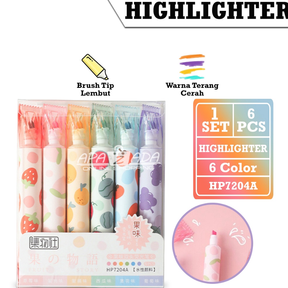 

KODE L9U Apazada Stabilo Imut 2 Sisi 6 Warna Terang 1 Set 6 Pcs Stabilo Highlighter Twinpen Fruit HP742A