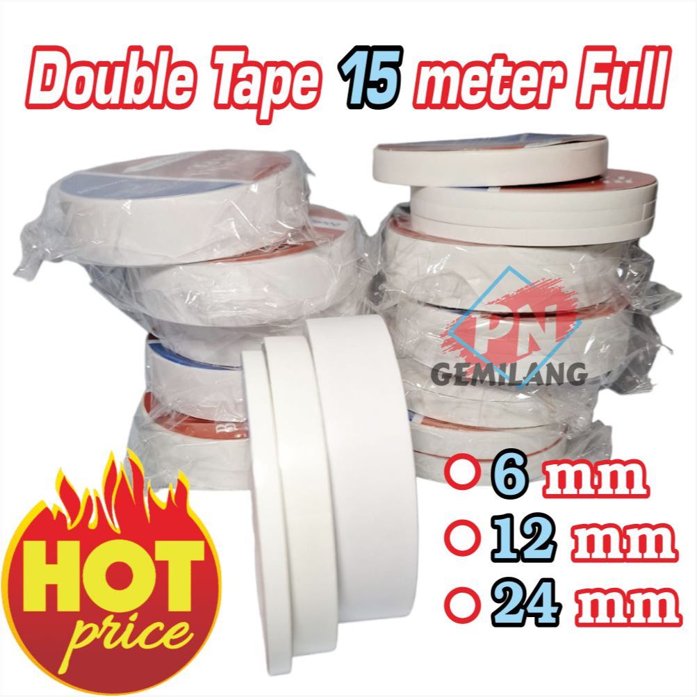 Lakban Kertas Double Tape Dobel Tape 6 mm, 12 mm, 24 mm x 15 meter Lakban Kertas
