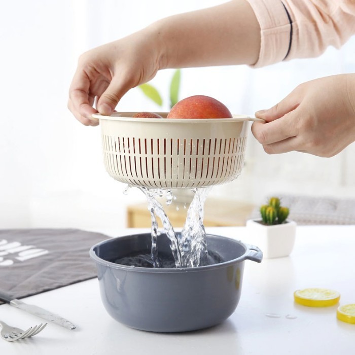 Baskom Saringan Cuci Buah Sayuran Ukuran Besar Double Layer