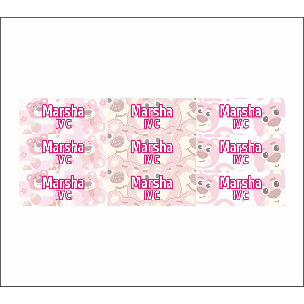 

stiker label nama water proof tahan air vinyl size 4,5x1,7cm pink lotso background