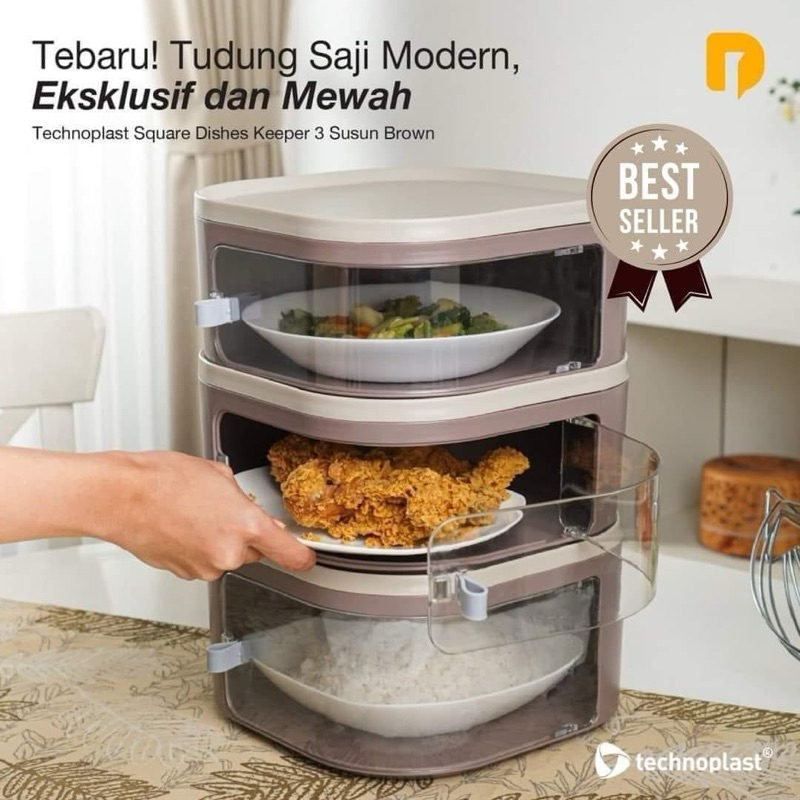 Tempat menyimpan makanan kekinian Technoplast Dishes Keeper Set Square tudung saji susun tiga tingka