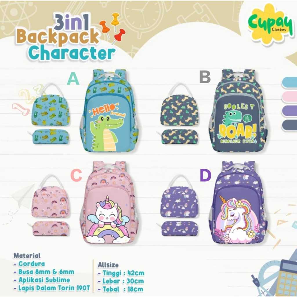 

3in1 BACKPACK CHARACTER CUPA*Y | Tas Ransel Anak | Tas Terbaru | Tas Kekinian | Tas sekolah | Kirana baby kids