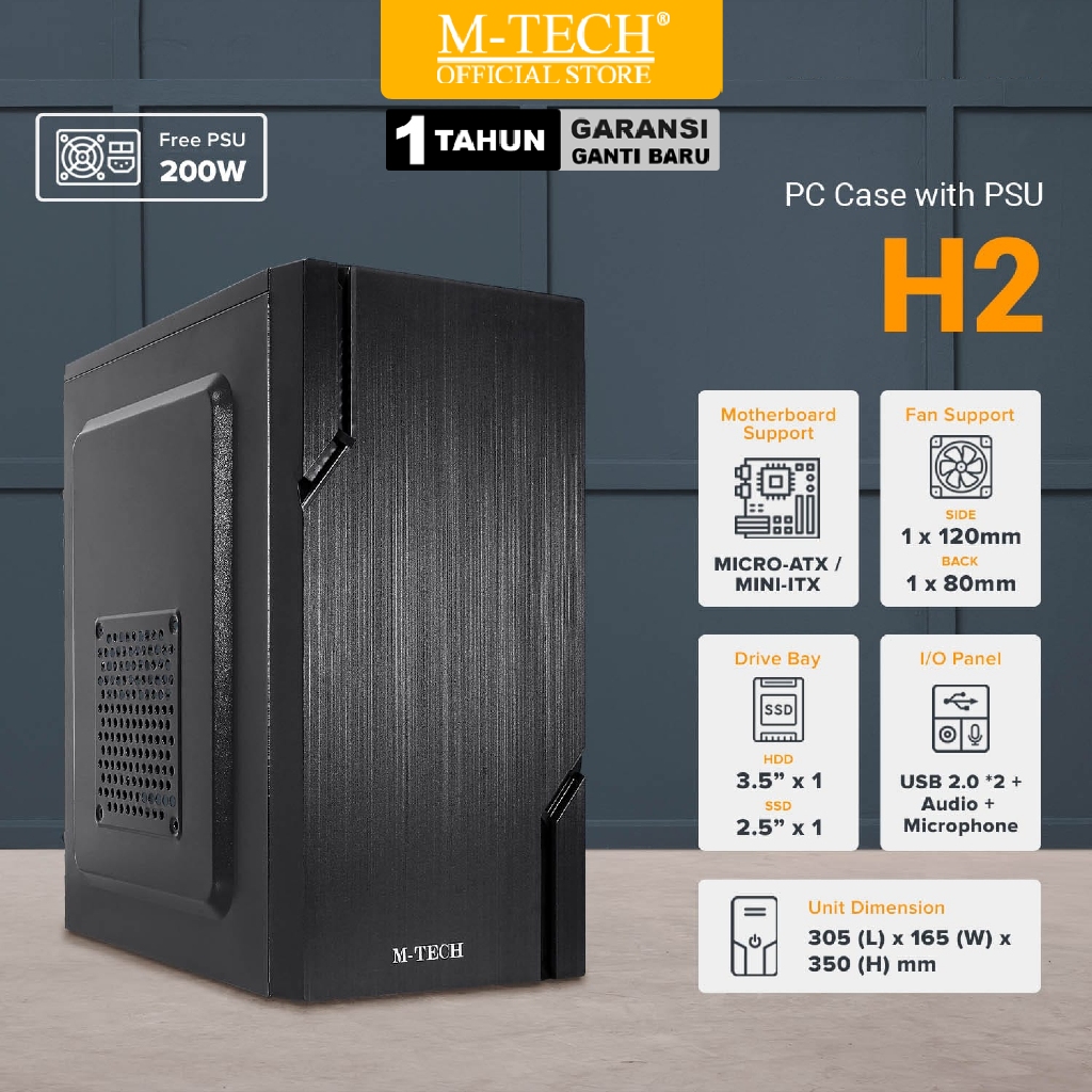 MTECH Casing PC Case Komputer H2 with PSU 200W