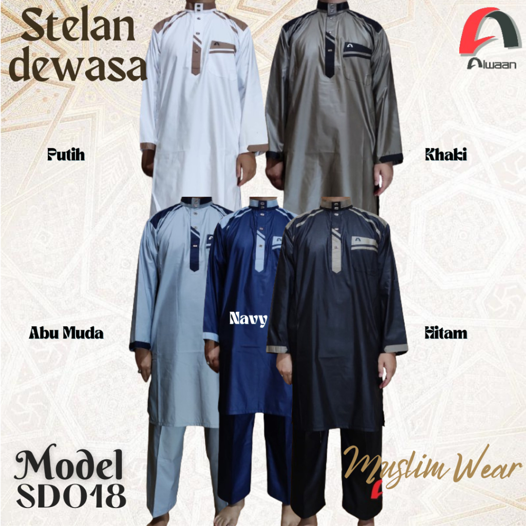 Baju/pakaian muslim pria koko gamis stelan dewasa ALWAAN/ATTALWIN SD018 Khaki Putih Abu Hitam Navy