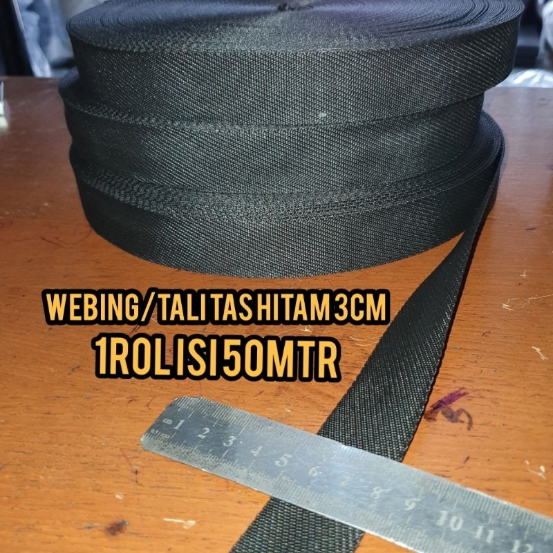 Webing polyester/Tali tas hitam ukuran 3Cm 1Rol 50Mtr