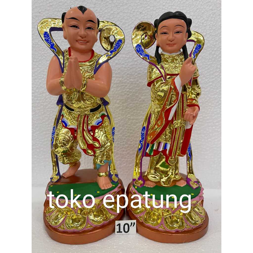 patung dewa pengapit dewi kwan im / kwan in / guam yin - kayu -10 inch - emas - l24