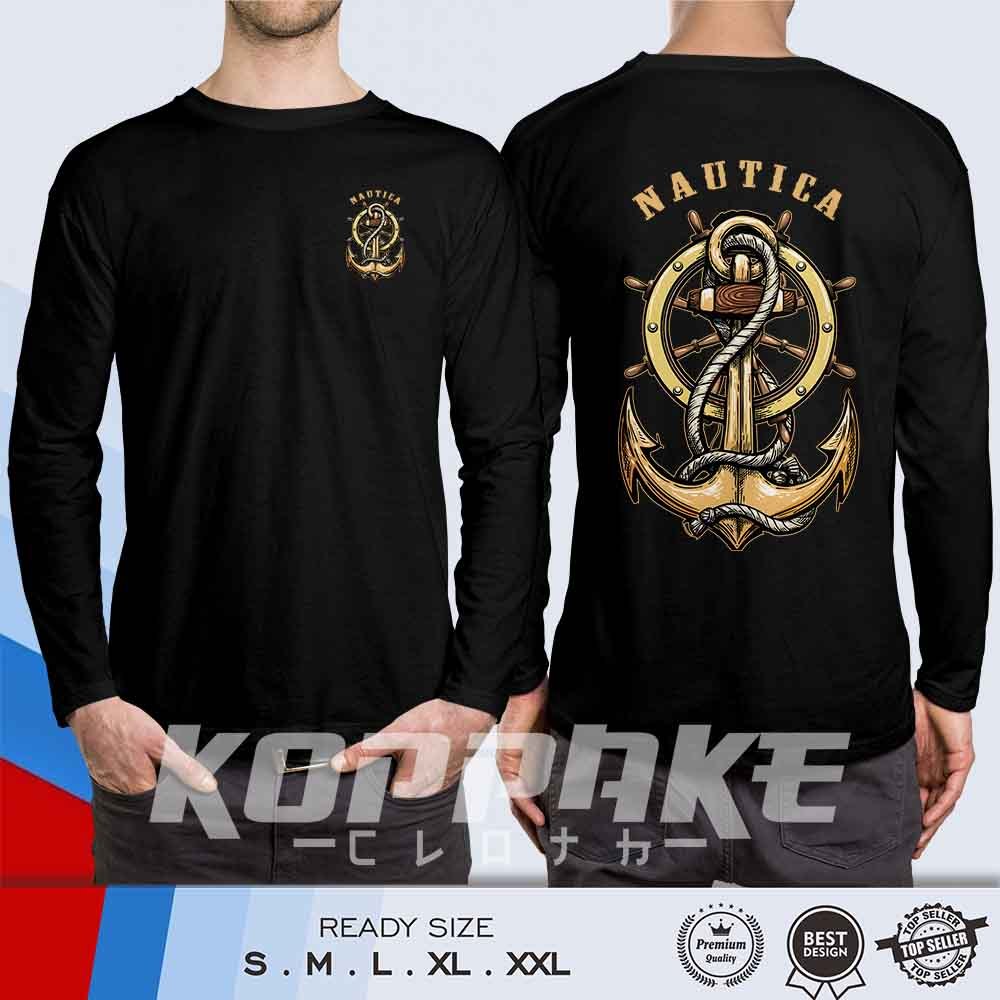 Kaos NAUTICA Jangkar dan Kemudi Kapal Lengan Panjang Baju Distro
