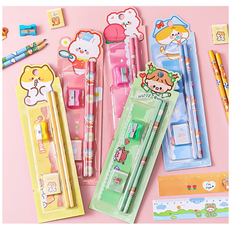 

[ READY ] 5in1 Pensil Set Alat Tulis Anak Lucu Dan Penghapus Untuk Tempat Pensil Buku Tulis Sekolah