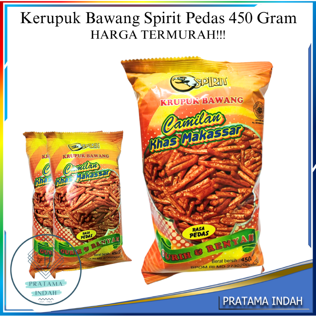 

KERUPUK BAWANG PEDAS 450 GRAM MEREK SPIRIT OLEH-OLEH KHAS MAKASSAR (HARGA GROSIR) TERMURAH!!