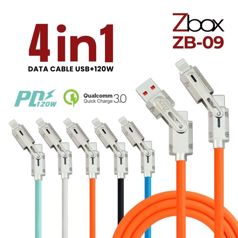 Kabel Cable Zbox ZB-09 Metal 4in1 Usb + PD 120W / QC3.0 Fast + Super Vooc Type C & Iphone