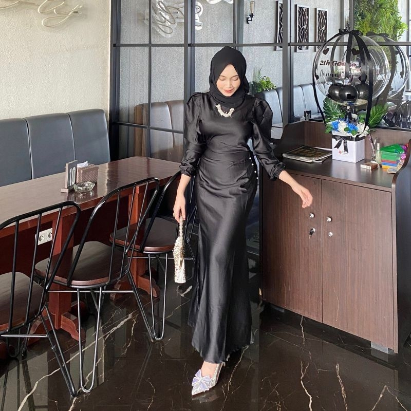 Ellora Dress Satin Velvet Premium Syari Slimfit Lengan Balon Gamis Pesta Kondangan Muslimah Fashion 