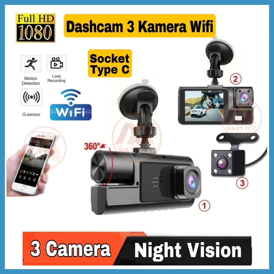 kamera mobil 3 kamera Wifi FHD layar 2 inch night vision dashcam A22