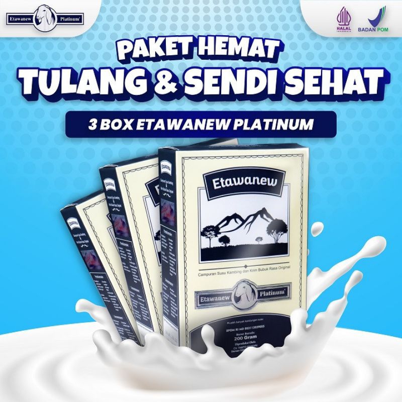 

PAKET 3 BOX ETAWANEW PLATINUM - Susu Kambing Etawa 100% Alami Jaga Kesehatan Pernafasan, Persendian, Daya Tahan Tubuh, dan Nyeri