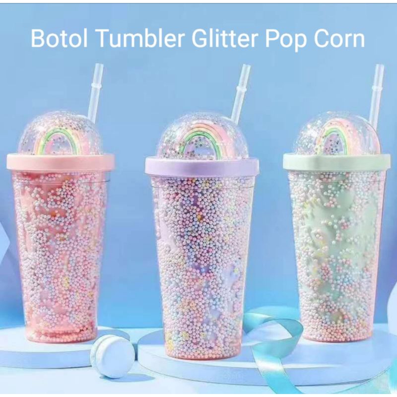 Botol Minum Glitter Pop Corn / Botol Tumbler Rainbow Glitter