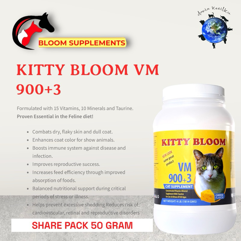 Kitty Bloom VM 900+3 - Vitamin Kucing Untuk Kulit & Bulu With Real Cheese (SHARE PACK 50 GR)