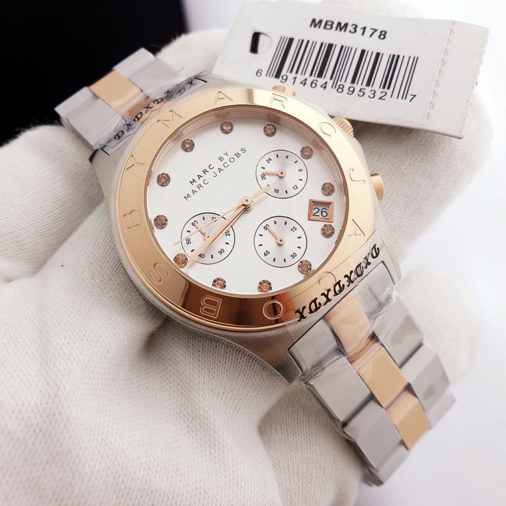 Jam Tangan Wanita MJ Blade MBM3178 Chronograph White Dial Rosegold Combi Silver Steel