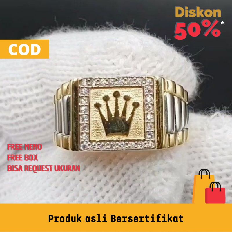 Cincin laki perak mewah motif rolex + berlian eropa asli