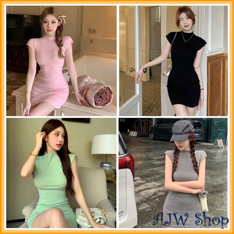 HEMAT AJW Mini Dress Bodycon Sexy Mini Dress Lengan Pendek SAX  Dress Korean Style Bodycon Sexy Knit