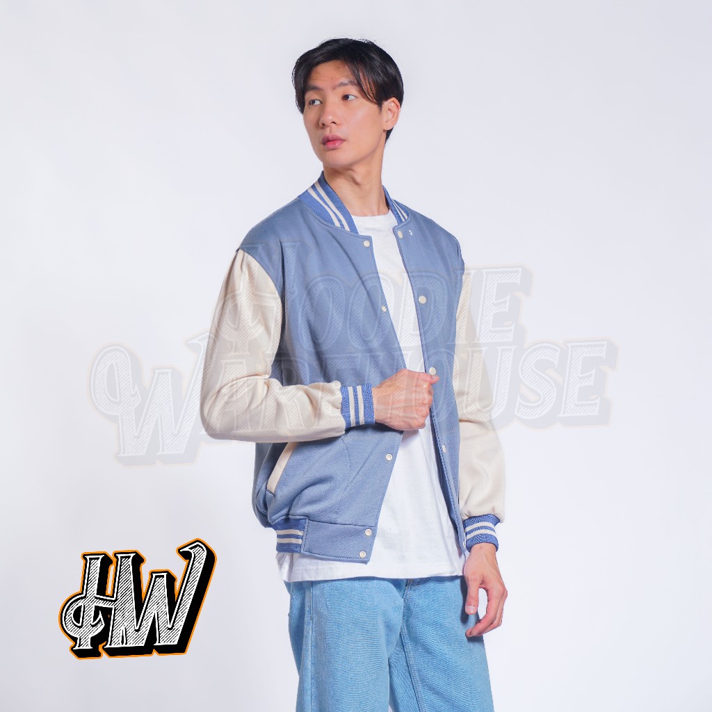 Jaket Basebal Varsity Kancing Denim Tangan Cream Polos Pria Dan Wanita Unisex M-Xxl