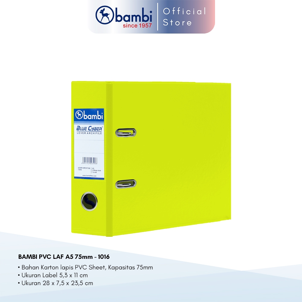 

Bambi Ordner A5 JUMBO SIZE 75 mm Special Colour Fluoro Yellow PVC Lever Arch File kode 1016