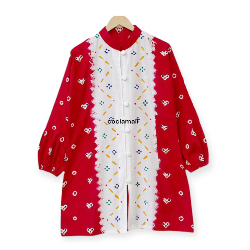 Tunik Batik Merah Putih Jumputan Cap Handmade Solo Busui Full Kancing Depan Jumbo Lengan Panjang Bal