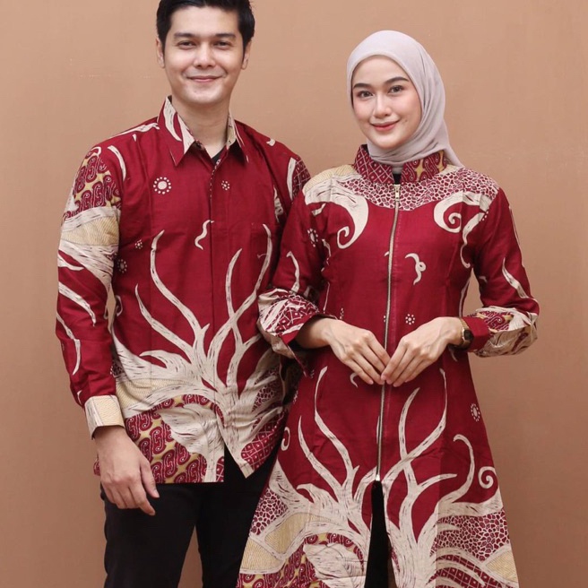 KI3 Atasan Baju Batik Couple Tunik Resleting Depan Batik Pekalongan Motif Akar Merah