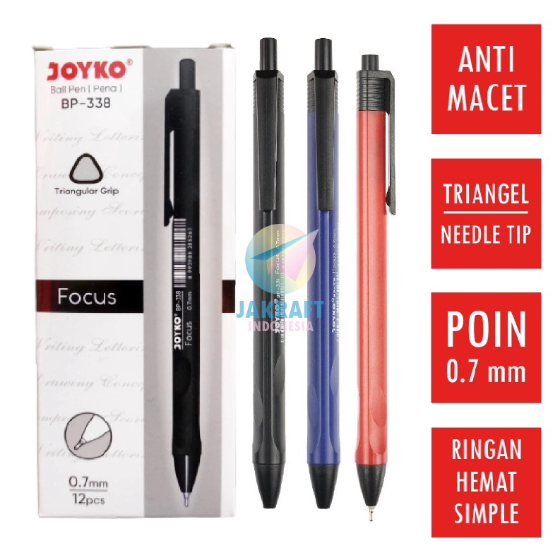 

TERLARIS 12 Pcs Pulpen Bolpen Pen Klik JOYKO BP338 Vocus 7 mm Warna Tinta Lengkap Hitam Black Biru Blue Merah Red
