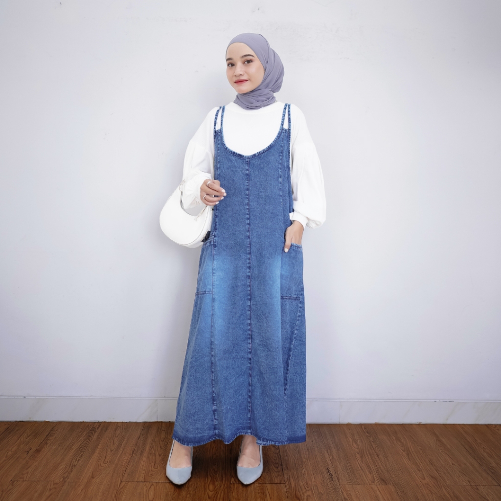 Jumpsuit Dress Wanita Rok Panjang Dewasa Korean Style Overall Jumbo Overal Jeans Denim Terbaru