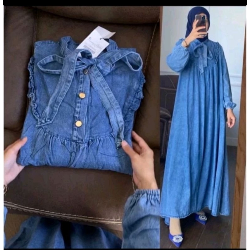 GAMIS ZARA KERAH TALI//gamis jeans jumbo