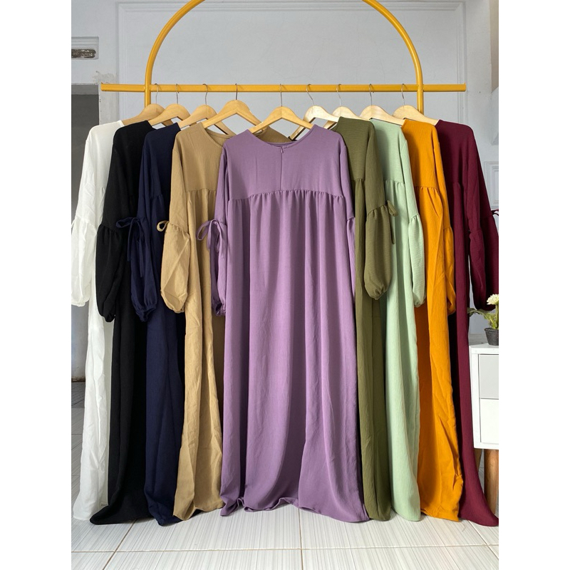 Amanda Gamis Abaya Wanita Terbaru Cringkel airflow Busui Frendly Lengan Panjang Balon Full Karet Kek