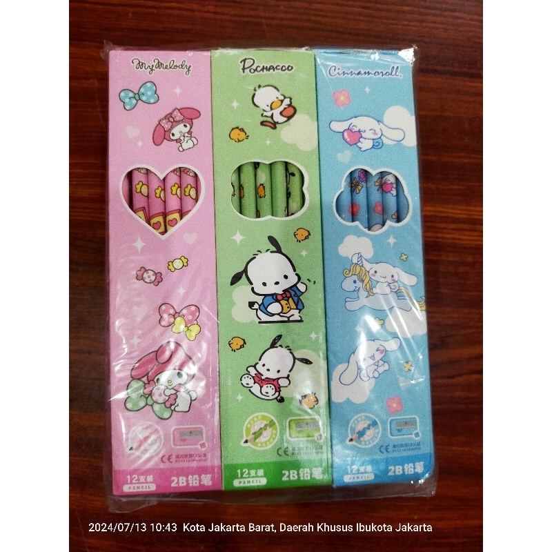

PENSIL SANRIO 2B - MY MELODY pink, POCHACCO hijau, CINNAMOROLL biru - isi 12pcs