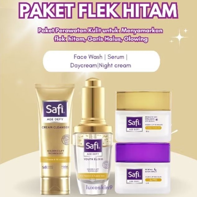 Safi Age Defy Anti Aging Paket Flek Hitam(cleanser 100g, serum 29g,Day cream 25g, Night cream25g