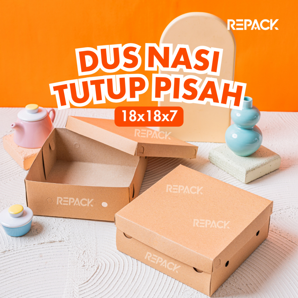 Dus Nasi Kotak Staples 18x18x7 / BOX KRAFT TUTUP PISAH/ Nasi Hajatan / Nasi Rames / Nasi Kuning