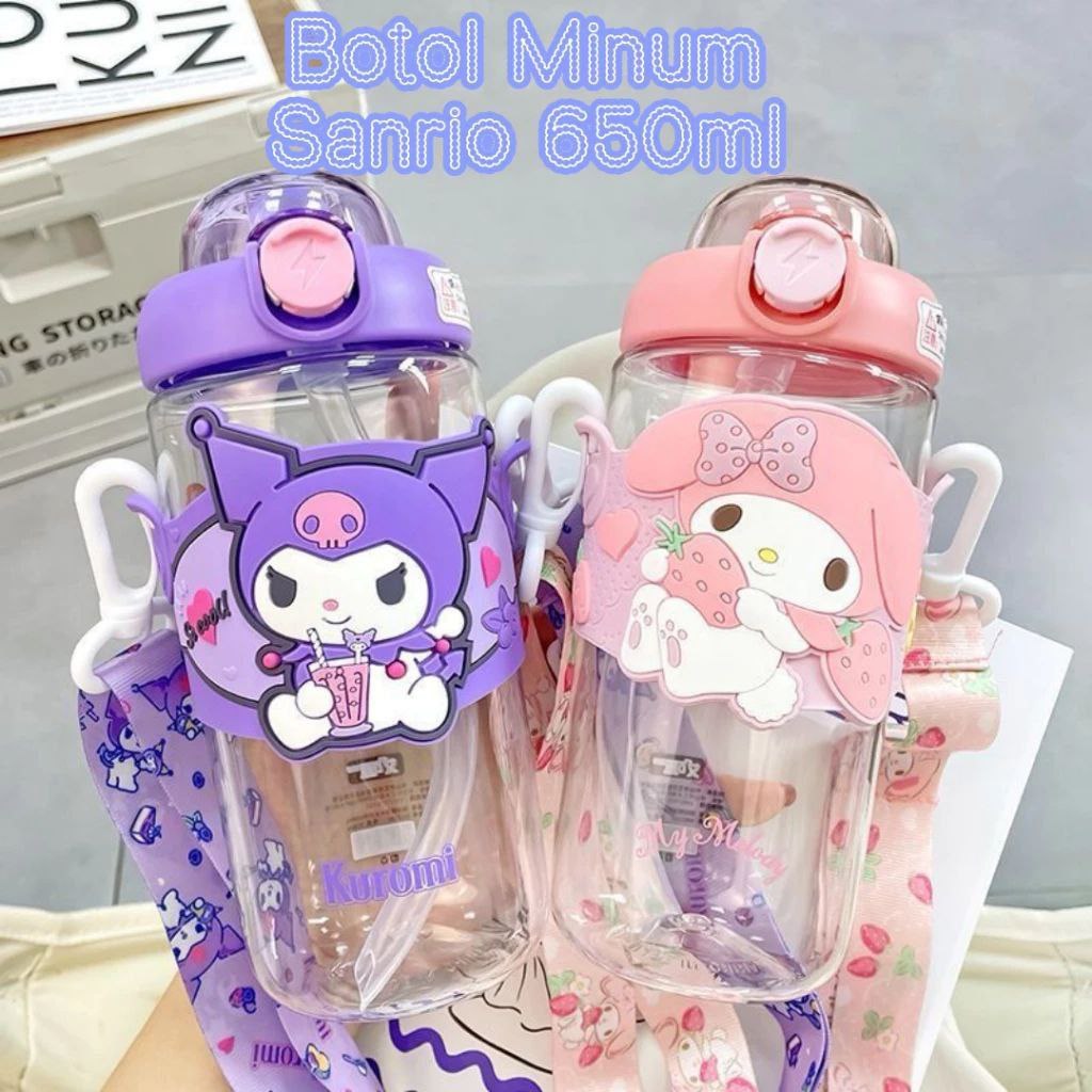 Botol Minum Sanrio 650ML / Botol Minum Anak Karakter Lucu Kapasitas 650ml FREE STICKER 2D&3D + Tali 