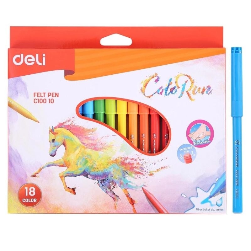 

Deli Felt pen / Spidol 18 Warna Bullet Tip 1.0mm Non - Toxic Mudah di cuci