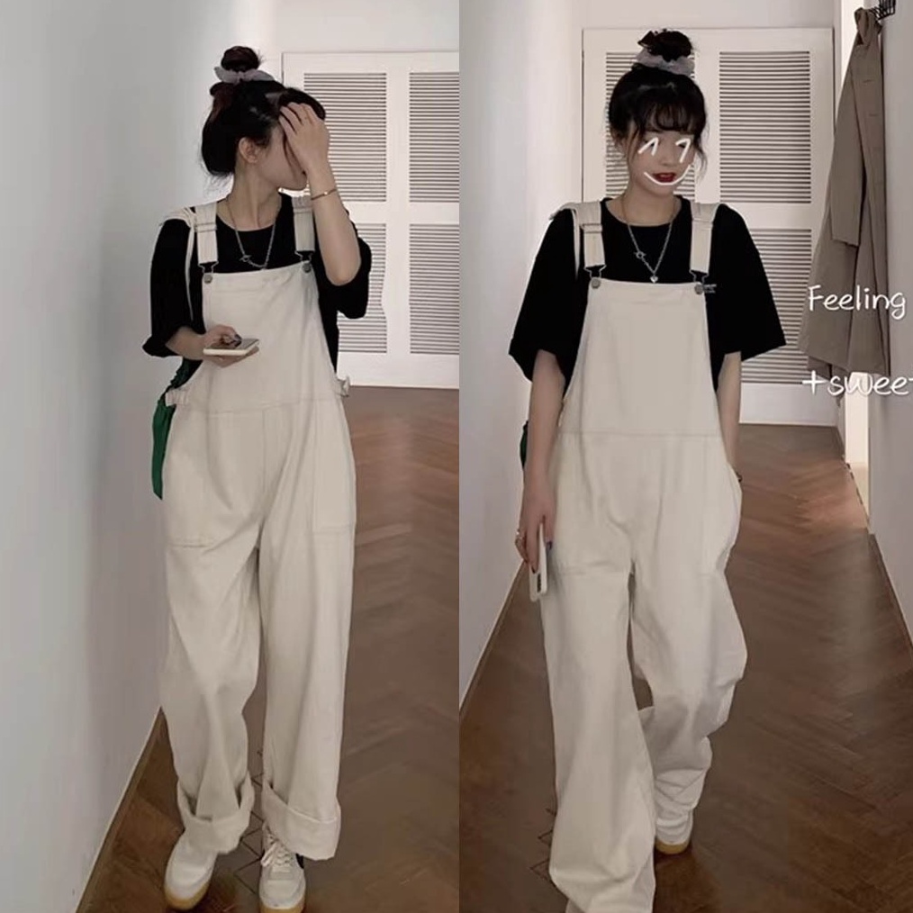 KODE B55F korea style retro celana jumpsuit jeans wanita high waist loose hitam gelap jumpsuit jeans