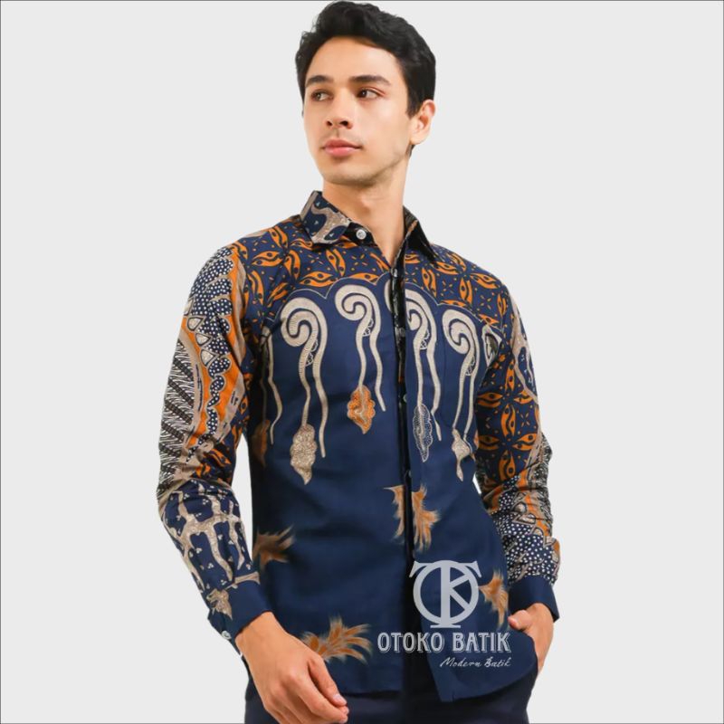 OToko Batik MELODY BIRU NAVY Kemeja Batik Modern Baju Batik Pria Lengan Panjang Ukuran M L XL XXL
