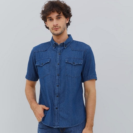 KODE H46Z HILLBOSS Kemeja Jeans Lengan Pendek Pria Biru Tua Jose  Casual Denim Shirt OLD Navy Blue  