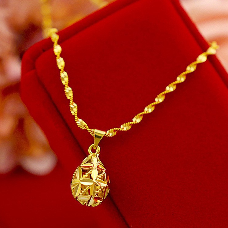 Kalung Wanita 375 Emas 24K Disepuh Kalung Hollow Bulat Liontin Pernikahan Perhiasan Hadiah Premium K