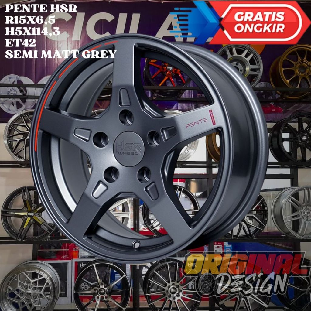 Velg Mobil Ring 15 HSR PENTE R15 LEBAR 6,5 LOBANG BAUT 5 ET42 GREY