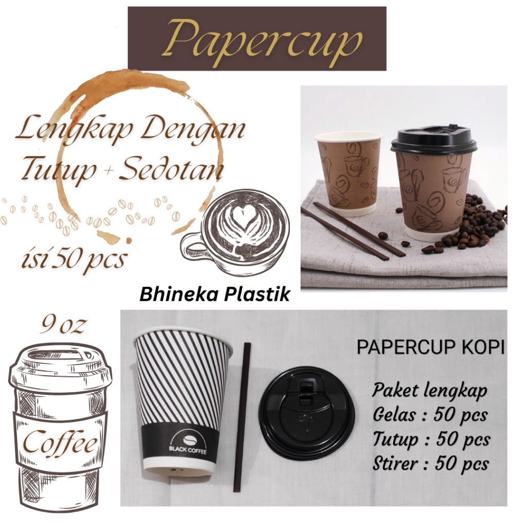 TERBATAS PaperCupTutupsedotan 9 oz isi 5pcs Gelas Kertas Paper Cup Kopi Papercup