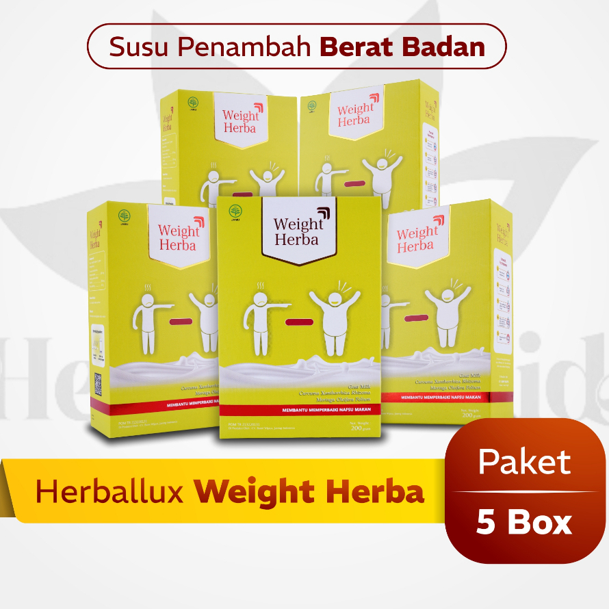 

Weight Herba Paket 5 Box - Ready Stok Weight Herbal Susu Untuk Meningkatkan Nafsu Makan & Menambah Berat Badan Secara Signifikan Halal MUI BPOM Penambah Asupan Kalori Tambah Protein Dalam Tubuh Isi 200gr herballlux